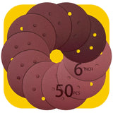50 PCS 6 Inch Sanding Discs – Hook & Loop 6 Hole Orbital Sander Pads, Assorted Grits 40–800 (5 Each)