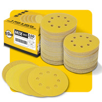 5 Inch 8 Hole Gold Sanding Discs – Mixed Grit Hook and Loop Sandpaper for Random Orbital Sander (40/60/80/100/120/150/180/220/240/320/400/600/800 Grit)