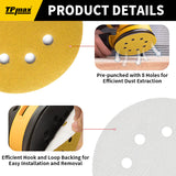 5 Inch 8 Hole Gold Sanding Discs – Mixed Grit Hook and Loop Sandpaper for Random Orbital Sander (40/60/80/100/120/150/180/220/240/320/400/600/800 Grit)