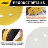 6 Inch 6 Hole Gold Sanding Discs – Mixed Grit Hook and Loop Sandpaper for Random Orbital Sander (40/60/80/100/120/150/180/220/240/320/400/600/800 Grit)