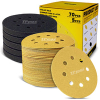 5" Interface Pads & Sanding Discs Combo – 5 Pack 8-Hole Soft Hook & Loop Buffer Pads with 70PCS 5-Inch Gold Hook & Loop Sandpaper for Orbital Sanders