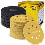 5" Interface Pads & Sanding Discs Combo – 5 Pack 8-Hole Soft Hook & Loop Buffer Pads with 70PCS 5-Inch Gold Hook & Loop Sandpaper for Orbital Sanders