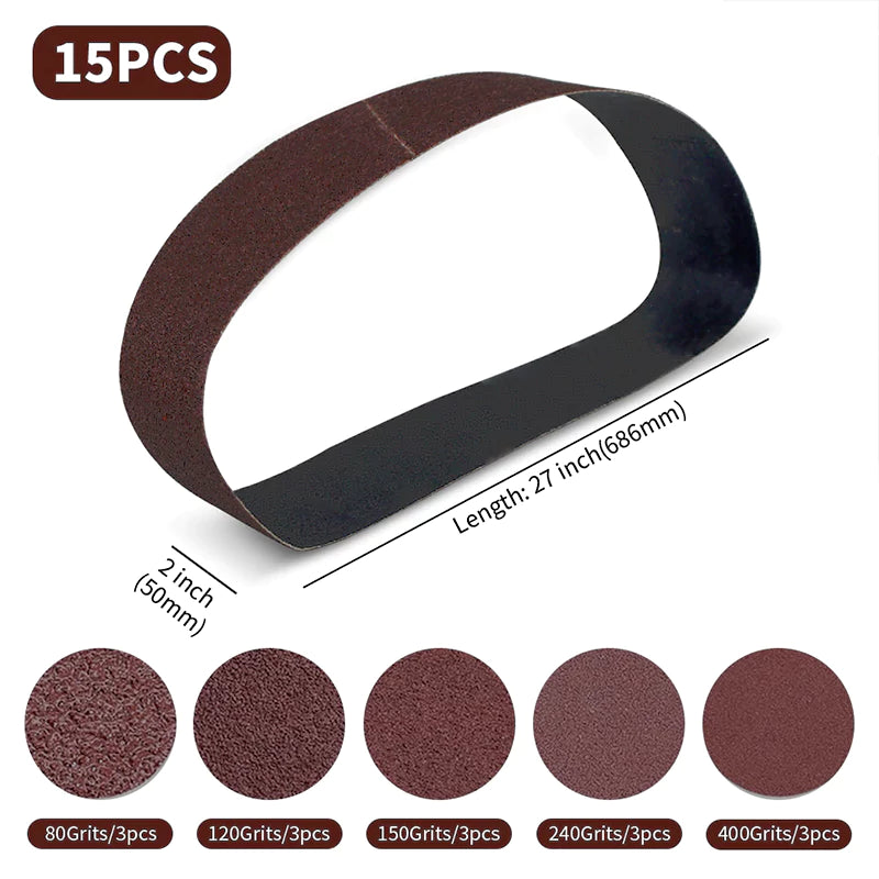 2" x 27" (50 x 686mm)  Sanding Belt – Premium Aluminum Oxide Abrasive Sandpaper for Belt Sander, Mix Grit  (15 Pack: 80/120/150/240/400 Grit)