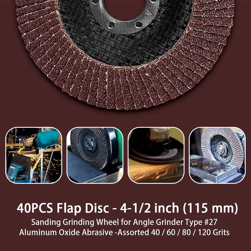 4-1/2" Flap Discs – Aluminum Oxide Grinding & Sanding Wheels for Angle Grinder, Type 27, Mixed Grits (40/60/80/120)