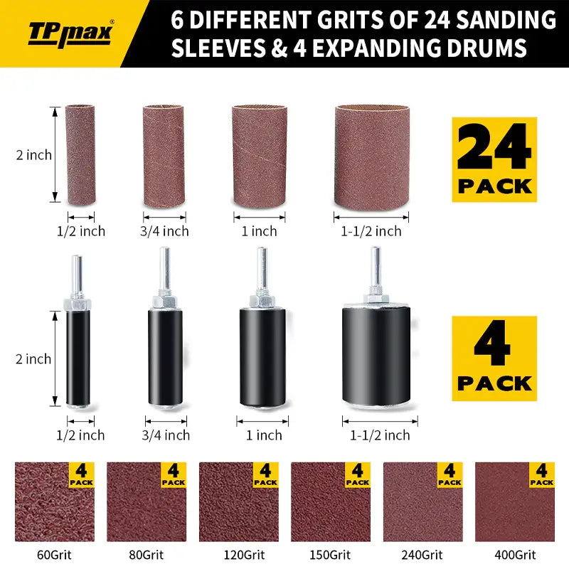 28 PCS Sanding Drum & Sleeve Kit for Drill – 2" Long, Mixed Grits, Assorted Diameters (1/2", 3/4", 1", 1-1/2") for Woodworking & DIY