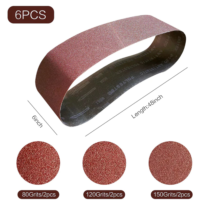 6" x 48" (150 x 1220mm) Sanding Belt – Premium Aluminum Oxide Abrasive Sandpaper for Belt Sander, Mix Grit  (6 Pack: 80/120/150 Grit)
