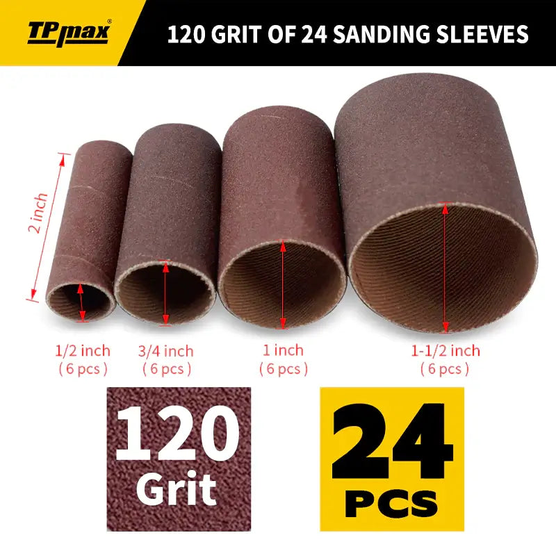 24 PCS Spindle Sanding Sleeves – 2" Long, Assorted Diameters (1/2"-1-1/2"), 60/80/120 Grit or Mixed Grit (60–400) for Drum & Spindle Sanders