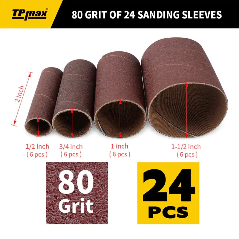 24 PCS Spindle Sanding Sleeves – 2" Long, Assorted Diameters (1/2"-1-1/2"), 60/80/120 Grit or Mixed Grit (60–400) for Drum & Spindle Sanders