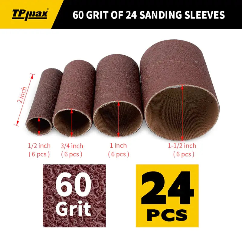 24 PCS Spindle Sanding Sleeves – 2" Long, Assorted Diameters (1/2"-1-1/2"), 60/80/120 Grit or Mixed Grit (60–400) for Drum & Spindle Sanders