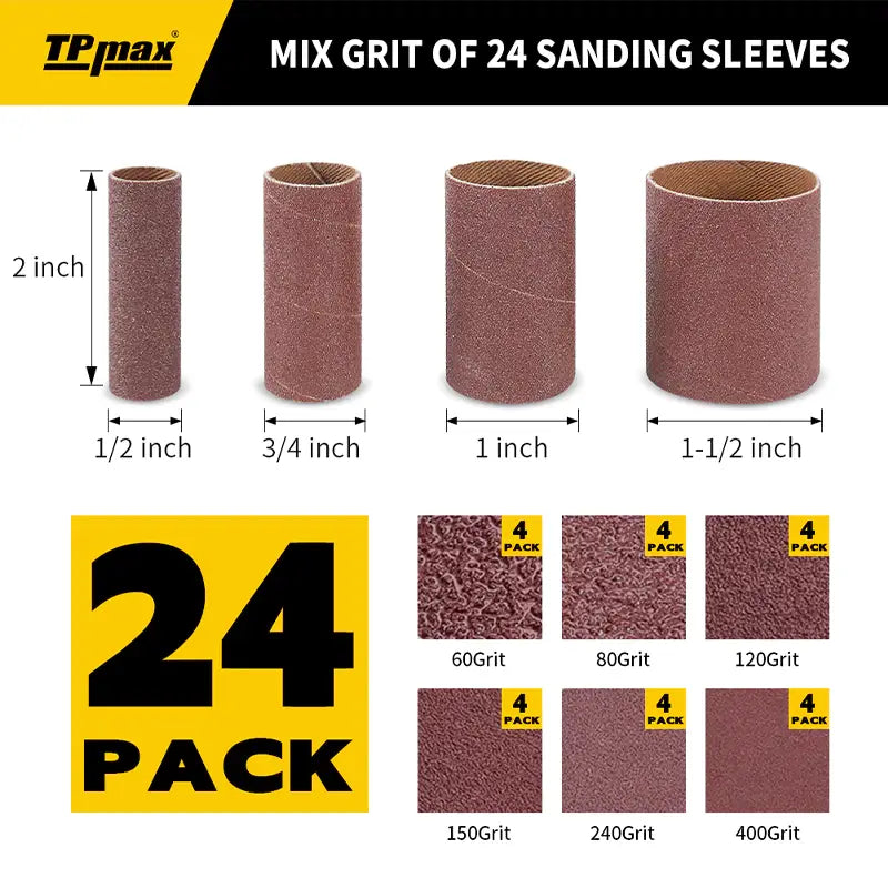 24 PCS Spindle Sanding Sleeves – 2" Long, Assorted Diameters (1/2"-1-1/2"), 60/80/120 Grit or Mixed Grit (60–400) for Drum & Spindle Sanders