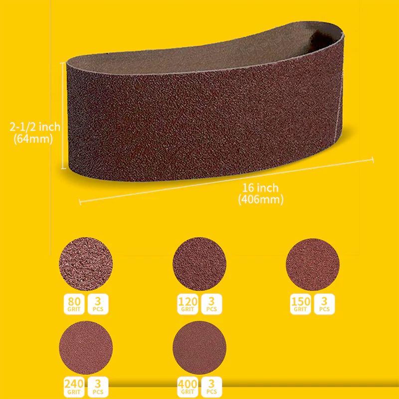 2-1/2" x 16" (64 x 406mm)  Sanding Belt – Premium Aluminum Oxide Abrasive Sandpaper for Belt Sander, Mix Grit  (15 Pack: 80/120/150/240/400 Grit)