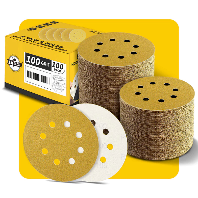 5 Inch 8 Hole Gold Sanding Discs – Mixed Grit Hook and Loop Sandpaper for Random Orbital Sander (40/60/80/100/120/150/180/220/240/320/400/600/800 Grit)