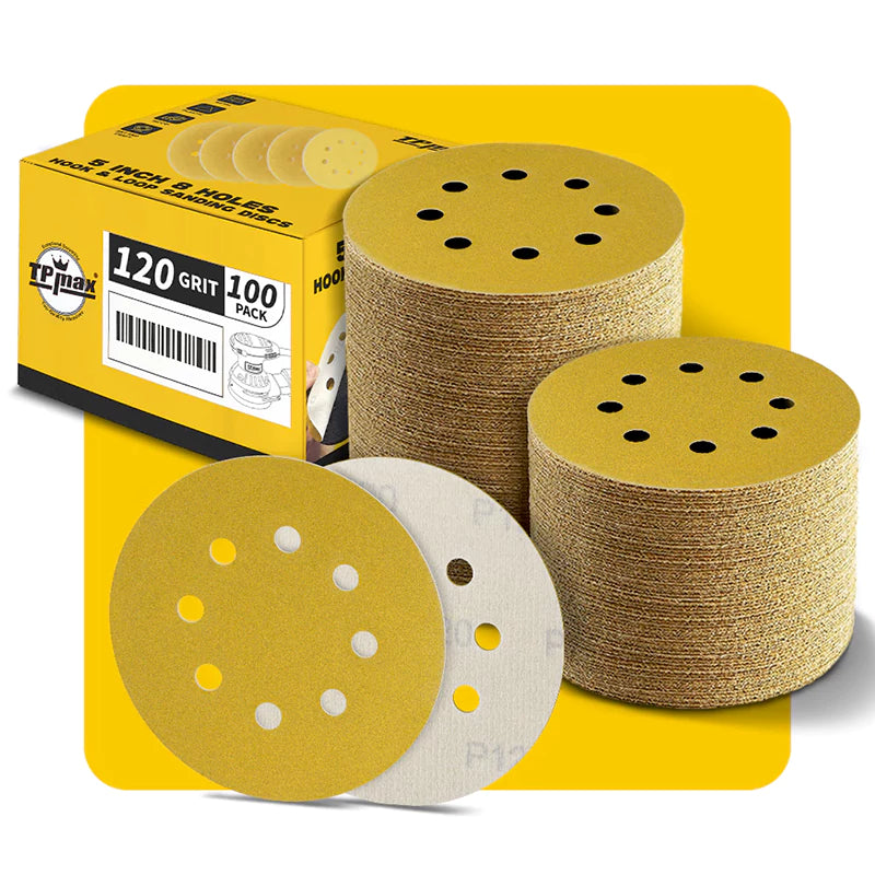 5 Inch 8 Hole Gold Sanding Discs – Mixed Grit Hook and Loop Sandpaper for Random Orbital Sander (40/60/80/100/120/150/180/220/240/320/400/600/800 Grit)