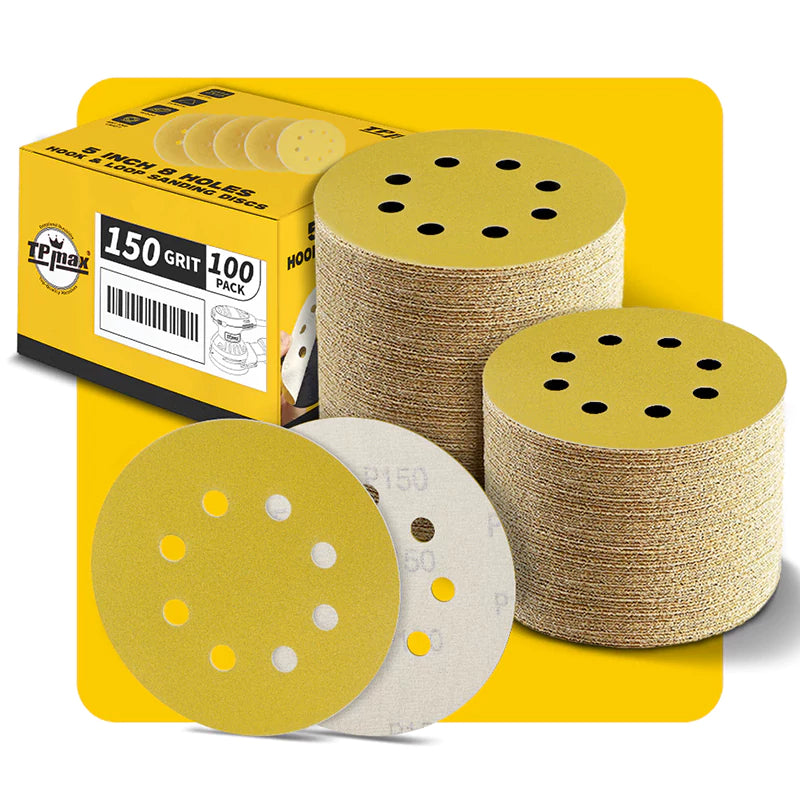 5 Inch 8 Hole Gold Sanding Discs – Mixed Grit Hook and Loop Sandpaper for Random Orbital Sander (40/60/80/100/120/150/180/220/240/320/400/600/800 Grit)