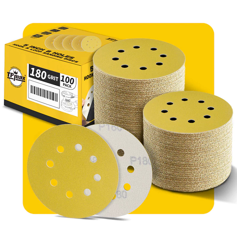 5 Inch 8 Hole Gold Sanding Discs – Mixed Grit Hook and Loop Sandpaper for Random Orbital Sander (40/60/80/100/120/150/180/220/240/320/400/600/800 Grit)