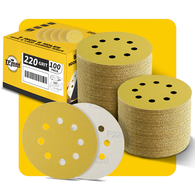 5 Inch 8 Hole Gold Sanding Discs – Mixed Grit Hook and Loop Sandpaper for Random Orbital Sander (40/60/80/100/120/150/180/220/240/320/400/600/800 Grit)