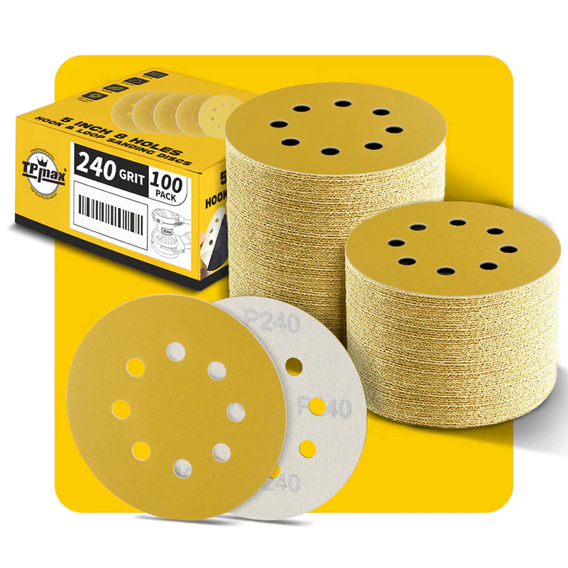 5 Inch 8 Hole Gold Sanding Discs – Mixed Grit Hook and Loop Sandpaper for Random Orbital Sander (40/60/80/100/120/150/180/220/240/320/400/600/800 Grit)