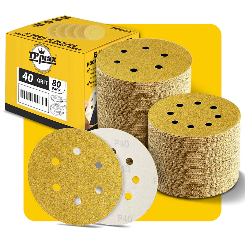 5 Inch 8 Hole Gold Sanding Discs – Mixed Grit Hook and Loop Sandpaper for Random Orbital Sander (40/60/80/100/120/150/180/220/240/320/400/600/800 Grit)
