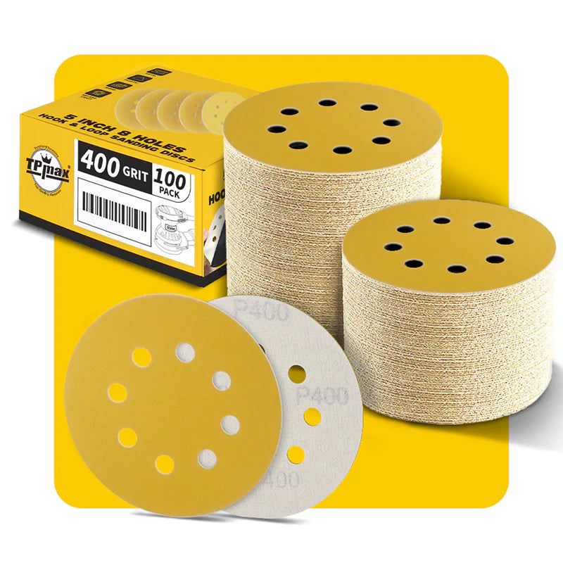 5 Inch 8 Hole Gold Sanding Discs – Mixed Grit Hook and Loop Sandpaper for Random Orbital Sander (40/60/80/100/120/150/180/220/240/320/400/600/800 Grit)