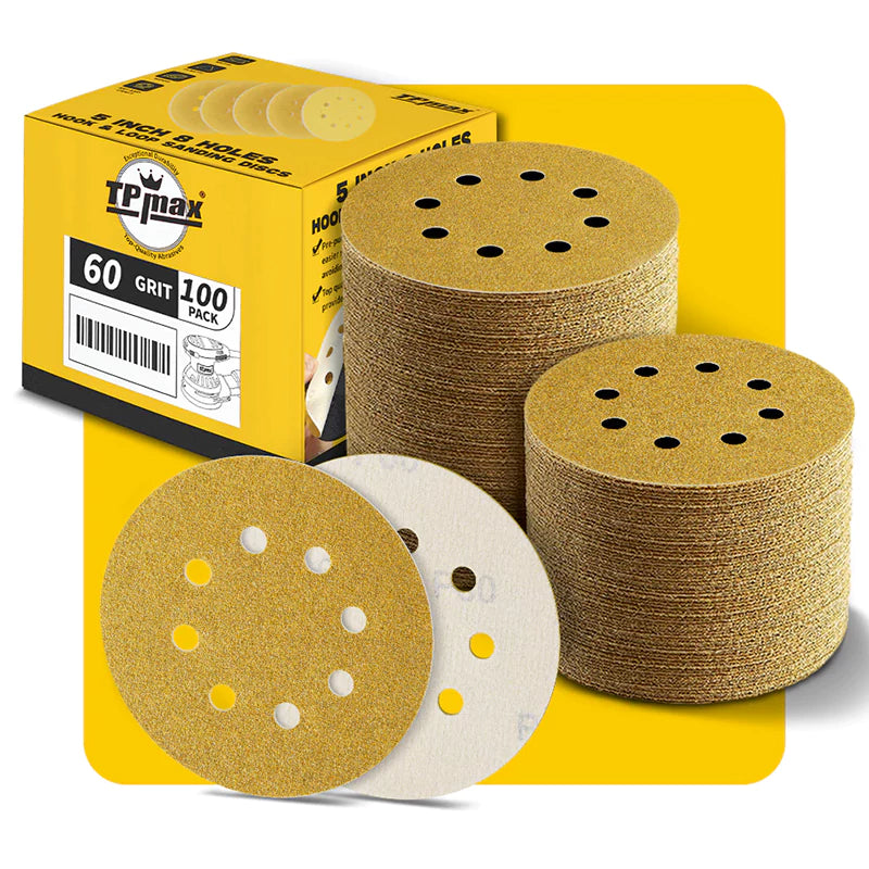 5 Inch 8 Hole Gold Sanding Discs – Mixed Grit Hook and Loop Sandpaper for Random Orbital Sander (40/60/80/100/120/150/180/220/240/320/400/600/800 Grit)
