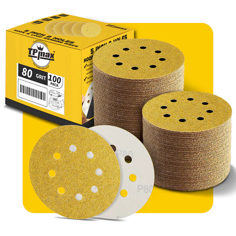 5 Inch 8 Hole Gold Sanding Discs – Mixed Grit Hook and Loop Sandpaper for Random Orbital Sander (40/60/80/100/120/150/180/220/240/320/400/600/800 Grit)