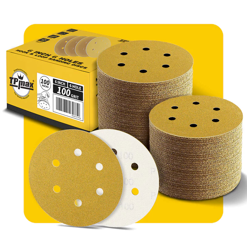 6 Inch 6 Hole Gold Sanding Discs – Mixed Grit Hook and Loop Sandpaper for Random Orbital Sander (40/60/80/100/120/150/180/220/240/320/400/600/800 Grit)