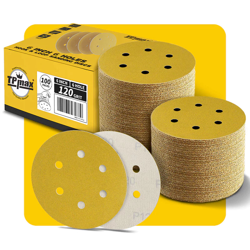6 Inch 6 Hole Gold Sanding Discs – Mixed Grit Hook and Loop Sandpaper for Random Orbital Sander (40/60/80/100/120/150/180/220/240/320/400/600/800 Grit)