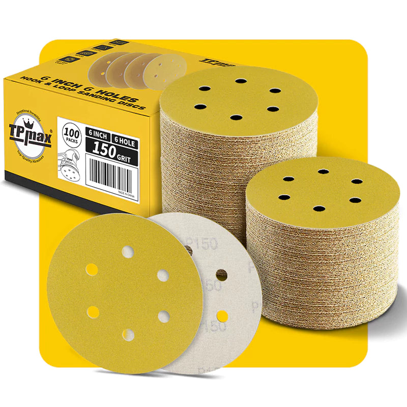 6 Inch 6 Hole Gold Sanding Discs – Mixed Grit Hook and Loop Sandpaper for Random Orbital Sander (40/60/80/100/120/150/180/220/240/320/400/600/800 Grit)