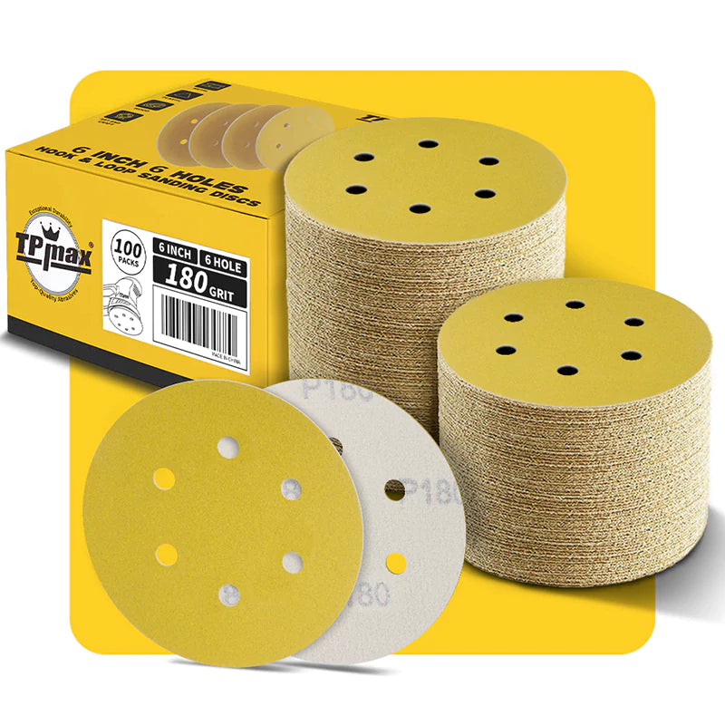 6 Inch 6 Hole Gold Sanding Discs – Mixed Grit Hook and Loop Sandpaper for Random Orbital Sander (40/60/80/100/120/150/180/220/240/320/400/600/800 Grit)