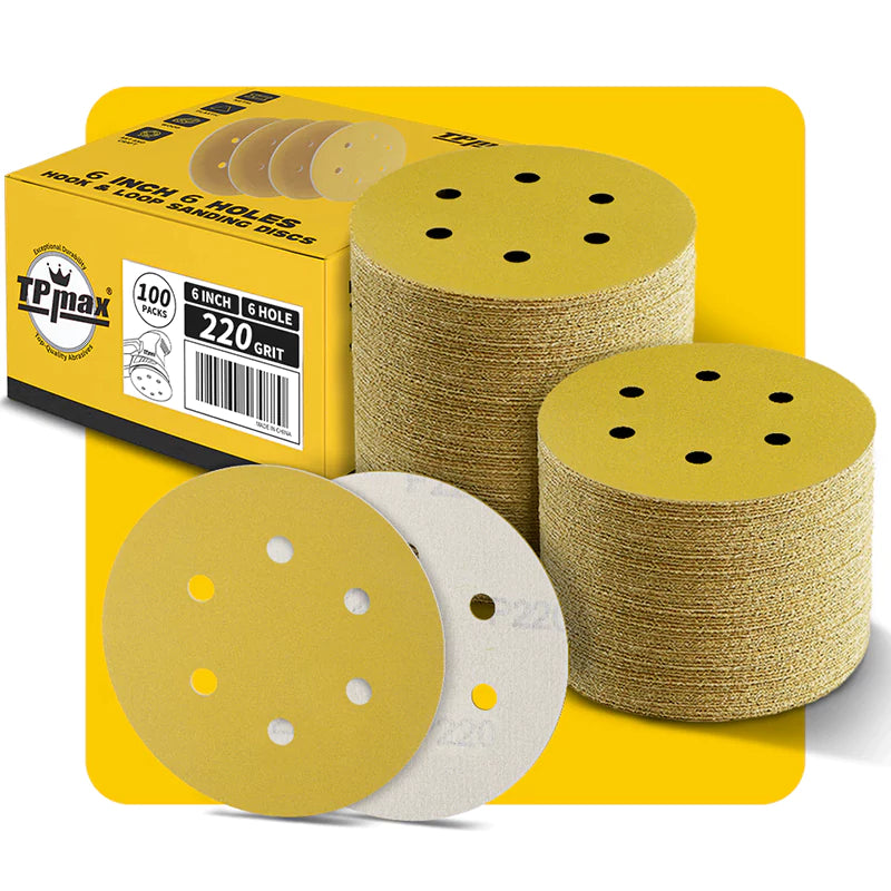 6 Inch 6 Hole Gold Sanding Discs – Mixed Grit Hook and Loop Sandpaper for Random Orbital Sander (40/60/80/100/120/150/180/220/240/320/400/600/800 Grit)
