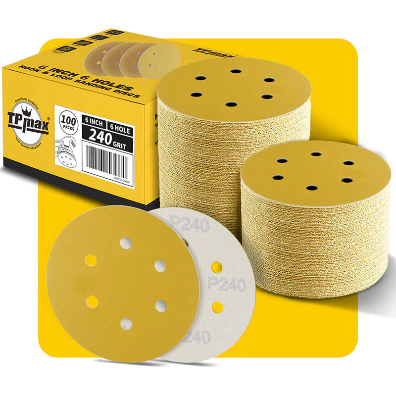 6 Inch 6 Hole Gold Sanding Discs – Mixed Grit Hook and Loop Sandpaper for Random Orbital Sander (40/60/80/100/120/150/180/220/240/320/400/600/800 Grit)