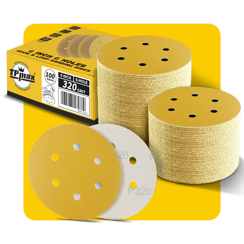 6 Inch 6 Hole Gold Sanding Discs – Mixed Grit Hook and Loop Sandpaper for Random Orbital Sander (40/60/80/100/120/150/180/220/240/320/400/600/800 Grit)