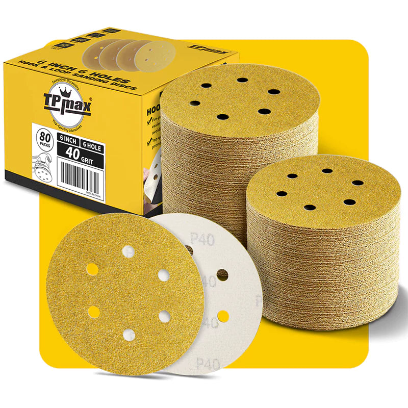 6 Inch 6 Hole Gold Sanding Discs – Mixed Grit Hook and Loop Sandpaper for Random Orbital Sander (40/60/80/100/120/150/180/220/240/320/400/600/800 Grit)