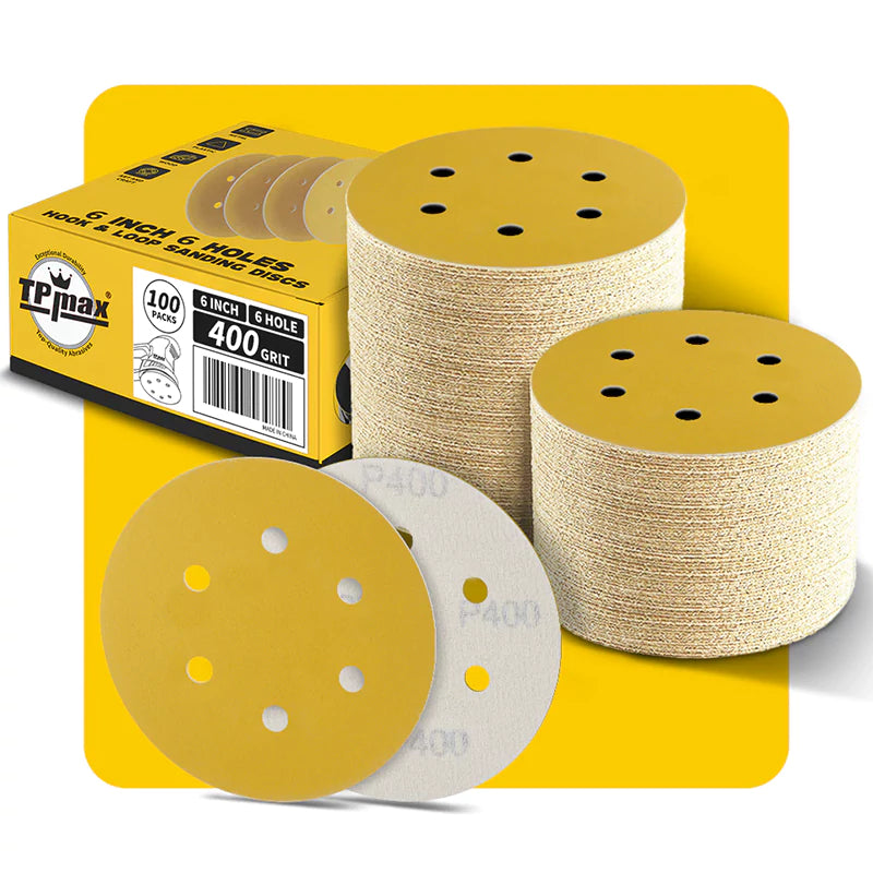 6 Inch 6 Hole Gold Sanding Discs – Mixed Grit Hook and Loop Sandpaper for Random Orbital Sander (40/60/80/100/120/150/180/220/240/320/400/600/800 Grit)