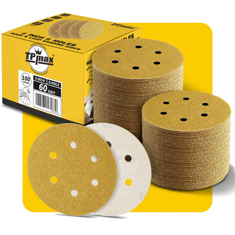6 Inch 6 Hole Gold Sanding Discs – Mixed Grit Hook and Loop Sandpaper for Random Orbital Sander (40/60/80/100/120/150/180/220/240/320/400/600/800 Grit)