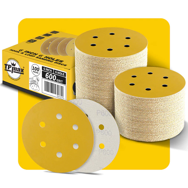 6 Inch 6 Hole Gold Sanding Discs – Mixed Grit Hook and Loop Sandpaper for Random Orbital Sander (40/60/80/100/120/150/180/220/240/320/400/600/800 Grit)