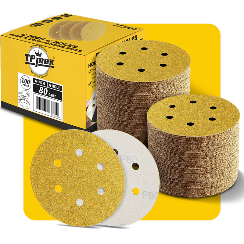 6 Inch 6 Hole Gold Sanding Discs – Mixed Grit Hook and Loop Sandpaper for Random Orbital Sander (40/60/80/100/120/150/180/220/240/320/400/600/800 Grit)