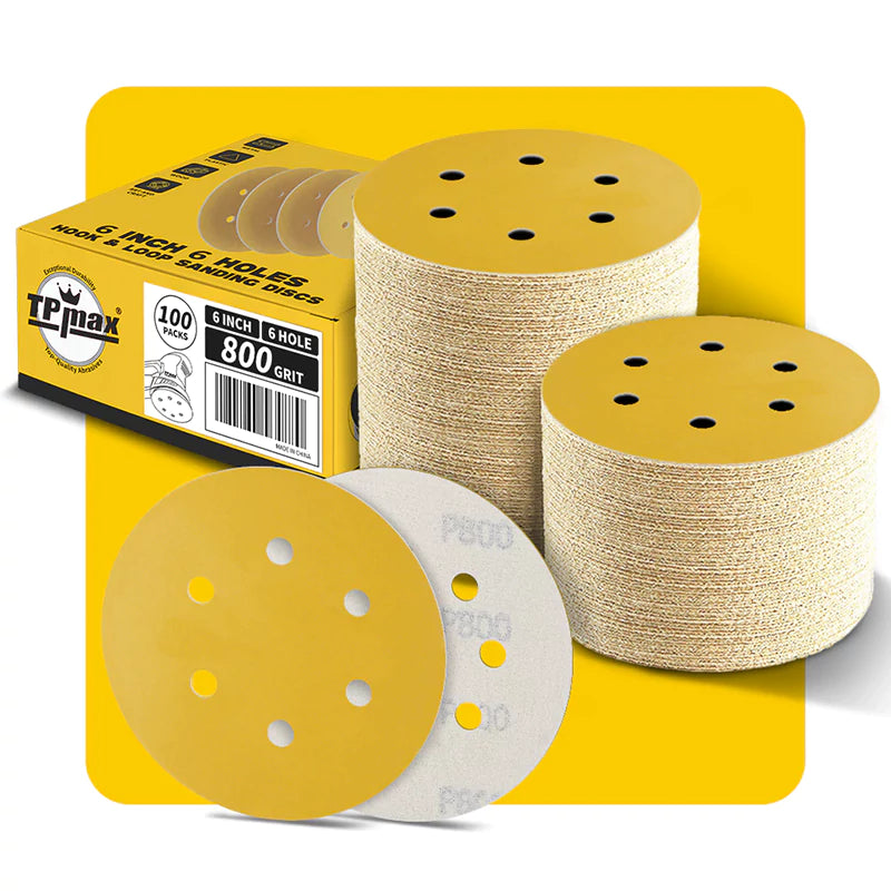 6 Inch 6 Hole Gold Sanding Discs – Mixed Grit Hook and Loop Sandpaper for Random Orbital Sander (40/60/80/100/120/150/180/220/240/320/400/600/800 Grit)