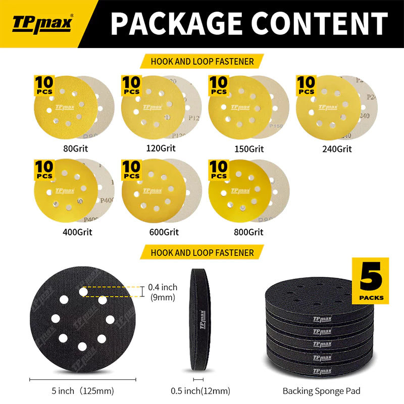5" Interface Pads & Sanding Discs Combo – 5 Pack 8-Hole Soft Hook & Loop Buffer Pads with 70PCS 5-Inch Gold Hook & Loop Sandpaper for Orbital Sanders